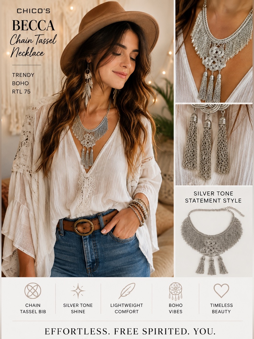 BECCA Silver tone Chain Tassel Necklace bib NWT by Chico’s  Trendy Boho RTL 75